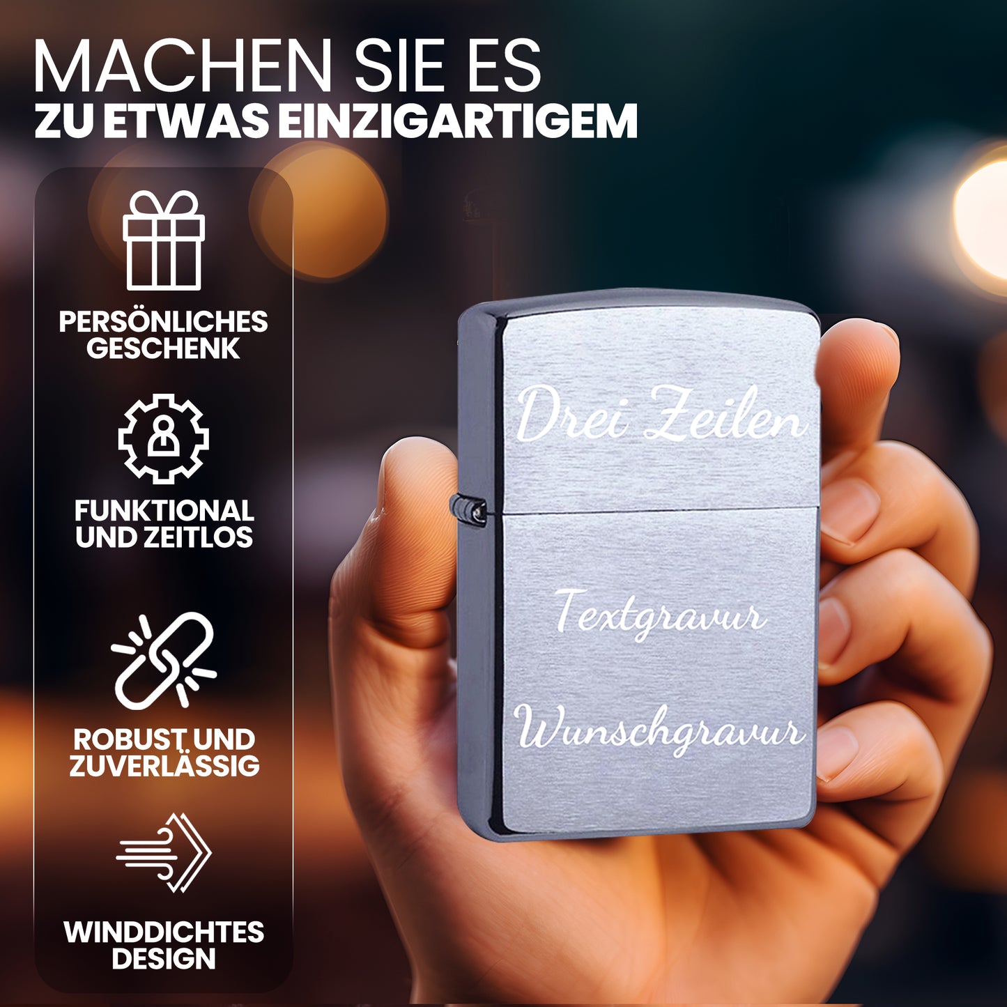 Original Zippo Feuerzeug mit individueller 3-Zeilen-Gravur